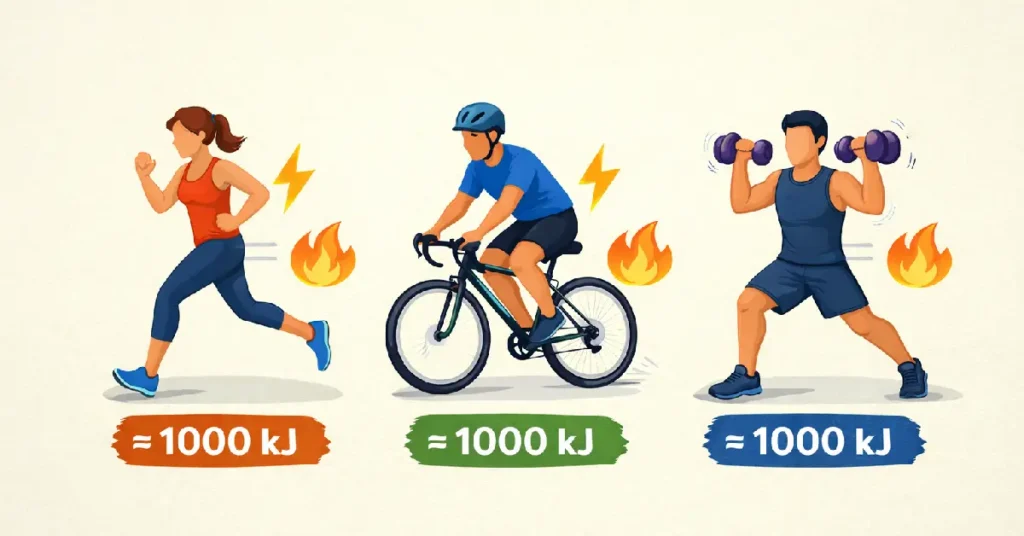 showing running, cycling, and strength training exercises burning 1000 kj